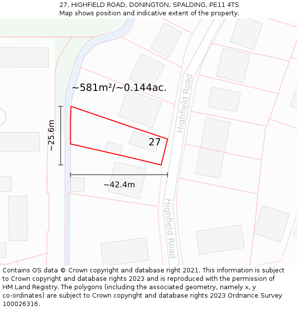 27, HIGHFIELD ROAD, DONINGTON, SPALDING, PE11 4TS: Plot and title map