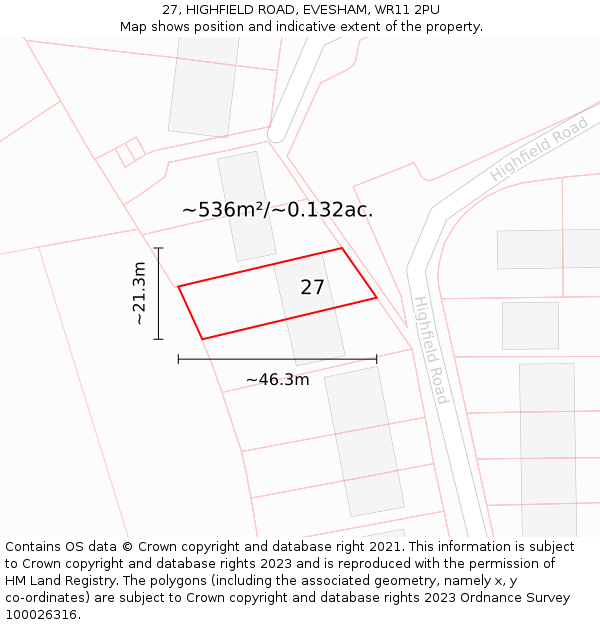 27, HIGHFIELD ROAD, EVESHAM, WR11 2PU: Plot and title map