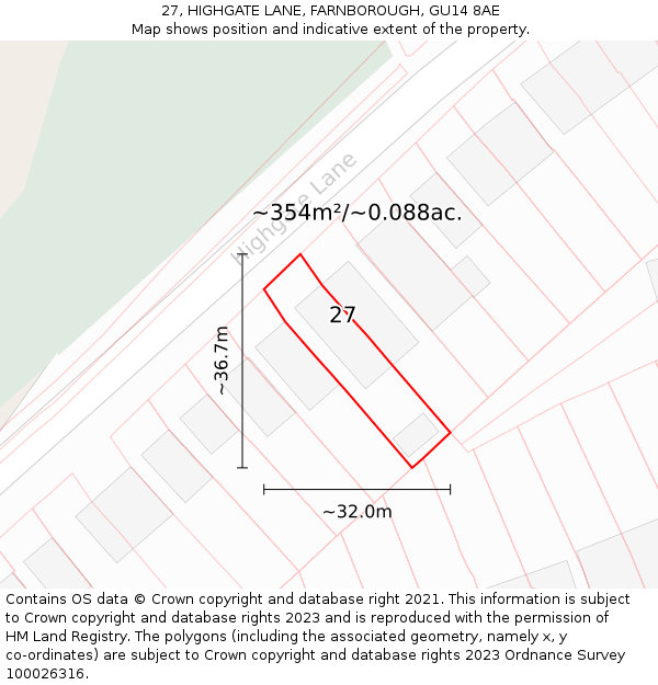 27, HIGHGATE LANE, FARNBOROUGH, GU14 8AE: Plot and title map