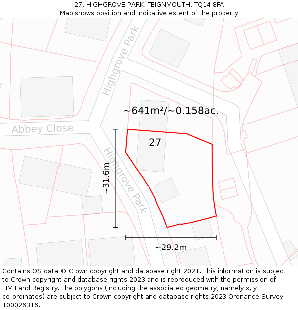 27, HIGHGROVE PARK, TEIGNMOUTH, TQ14 8FA: Plot and title map