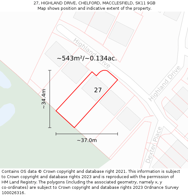 27, HIGHLAND DRIVE, CHELFORD, MACCLESFIELD, SK11 9GB: Plot and title map