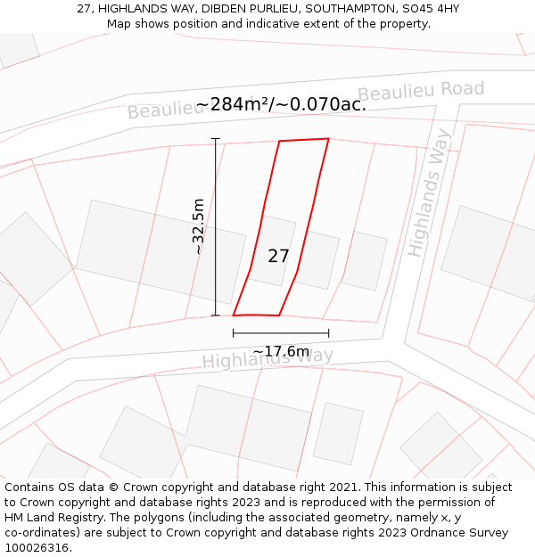 27, HIGHLANDS WAY, DIBDEN PURLIEU, SOUTHAMPTON, SO45 4HY: Plot and title map