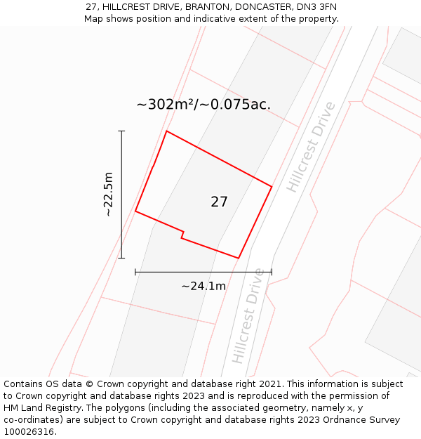 27, HILLCREST DRIVE, BRANTON, DONCASTER, DN3 3FN: Plot and title map