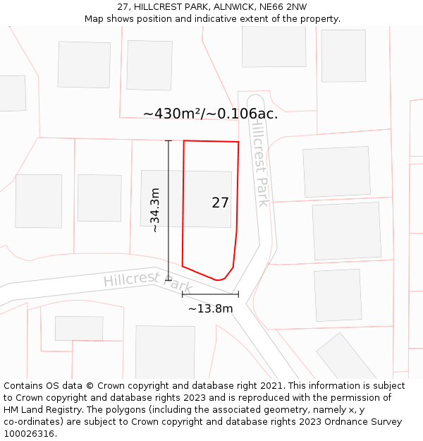 27, HILLCREST PARK, ALNWICK, NE66 2NW: Plot and title map