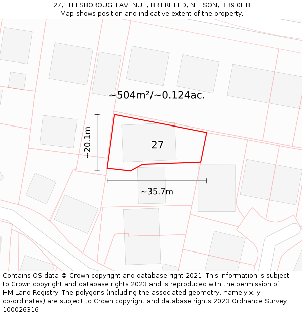 27, HILLSBOROUGH AVENUE, BRIERFIELD, NELSON, BB9 0HB: Plot and title map