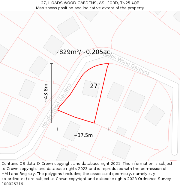 27, HOADS WOOD GARDENS, ASHFORD, TN25 4QB: Plot and title map