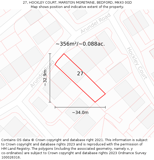 27, HOCKLEY COURT, MARSTON MORETAINE, BEDFORD, MK43 0GD: Plot and title map