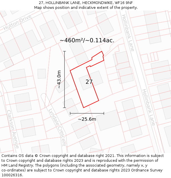 27, HOLLINBANK LANE, HECKMONDWIKE, WF16 9NF: Plot and title map