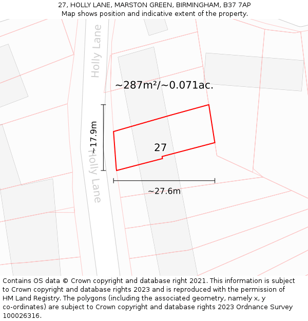 27, HOLLY LANE, MARSTON GREEN, BIRMINGHAM, B37 7AP: Plot and title map