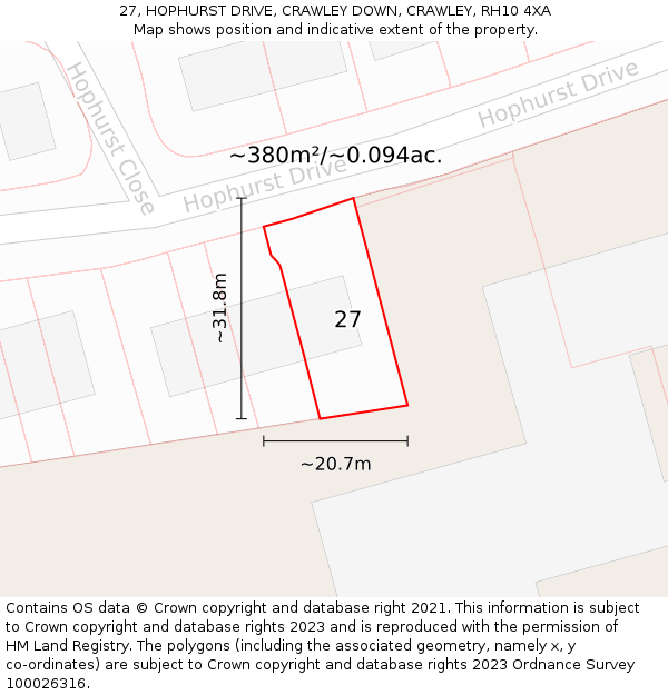 27, HOPHURST DRIVE, CRAWLEY DOWN, CRAWLEY, RH10 4XA: Plot and title map