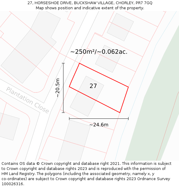 27, HORSESHOE DRIVE, BUCKSHAW VILLAGE, CHORLEY, PR7 7GQ: Plot and title map