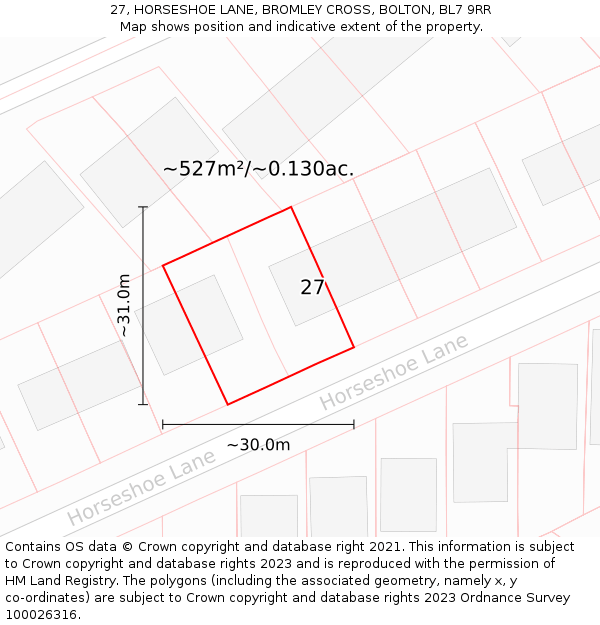 27, HORSESHOE LANE, BROMLEY CROSS, BOLTON, BL7 9RR: Plot and title map