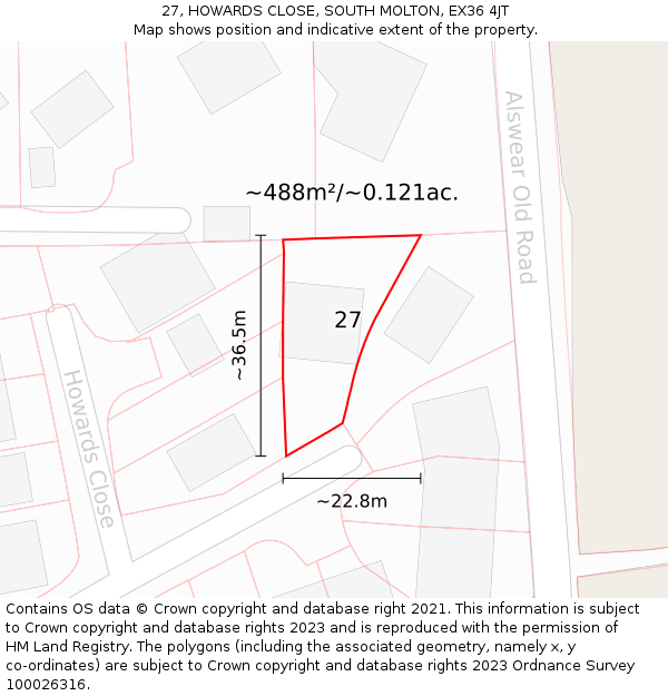 27, HOWARDS CLOSE, SOUTH MOLTON, EX36 4JT: Plot and title map