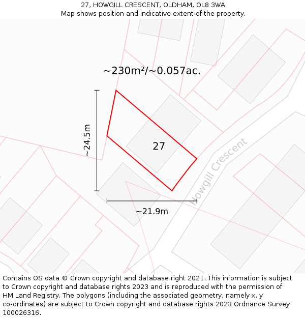 27, HOWGILL CRESCENT, OLDHAM, OL8 3WA: Plot and title map