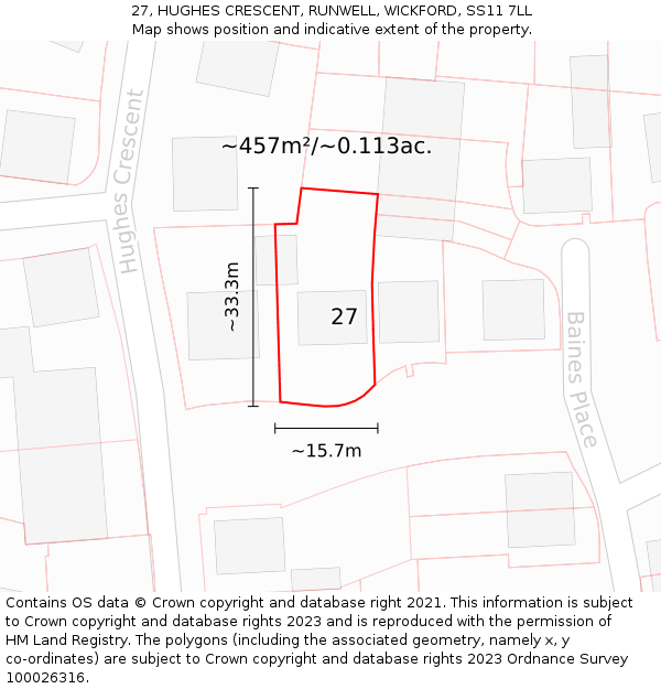 27, HUGHES CRESCENT, RUNWELL, WICKFORD, SS11 7LL: Plot and title map