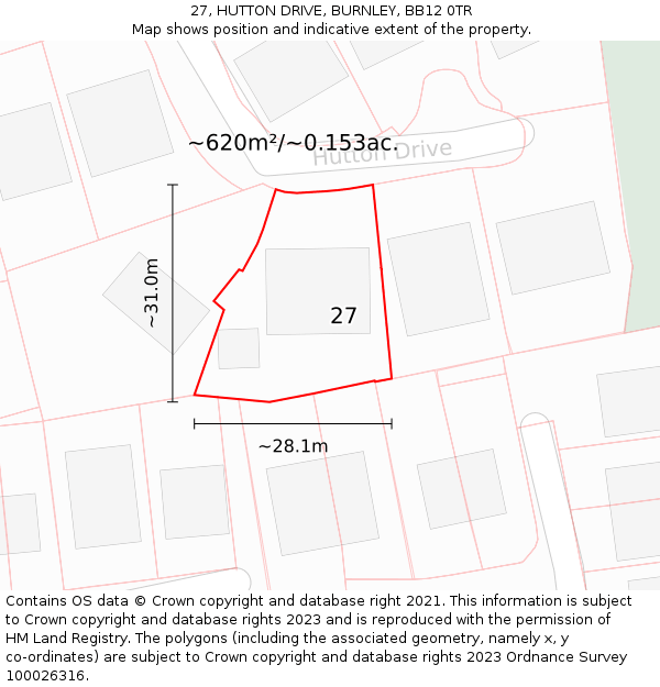 27, HUTTON DRIVE, BURNLEY, BB12 0TR: Plot and title map