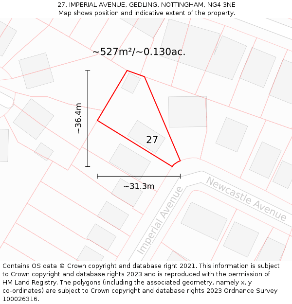 27, IMPERIAL AVENUE, GEDLING, NOTTINGHAM, NG4 3NE: Plot and title map