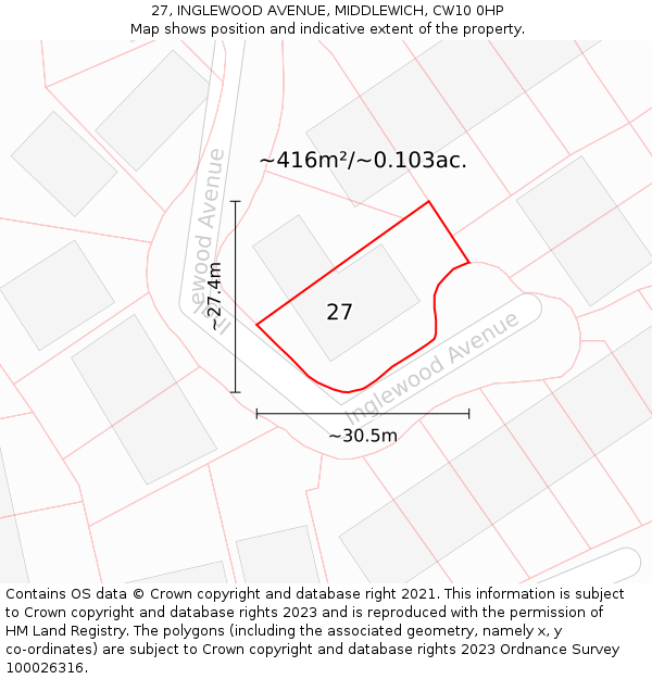 27, INGLEWOOD AVENUE, MIDDLEWICH, CW10 0HP: Plot and title map