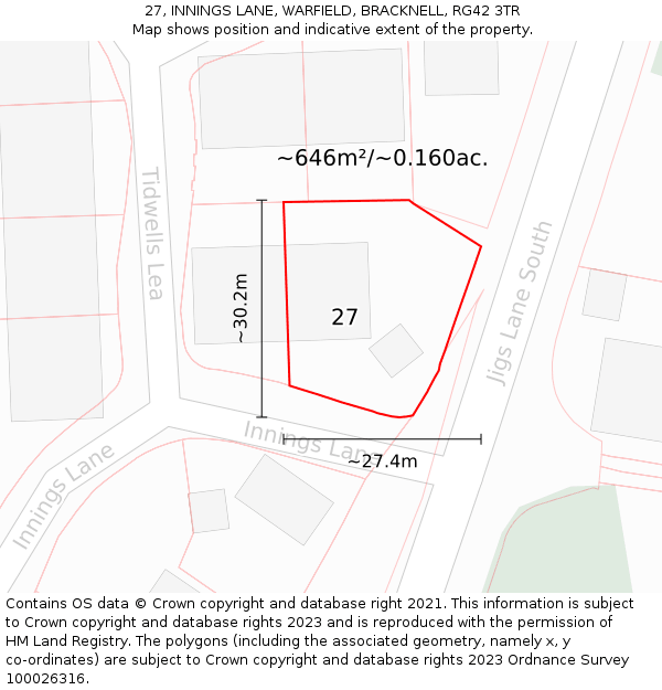 27, INNINGS LANE, WARFIELD, BRACKNELL, RG42 3TR: Plot and title map