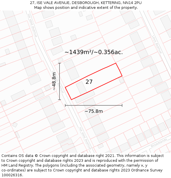 27, ISE VALE AVENUE, DESBOROUGH, KETTERING, NN14 2PU: Plot and title map