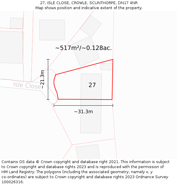 27, ISLE CLOSE, CROWLE, SCUNTHORPE, DN17 4NR: Plot and title map