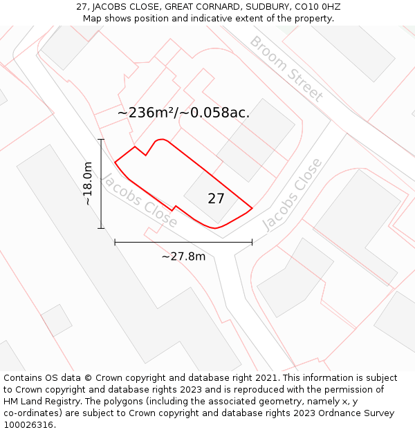 27, JACOBS CLOSE, GREAT CORNARD, SUDBURY, CO10 0HZ: Plot and title map