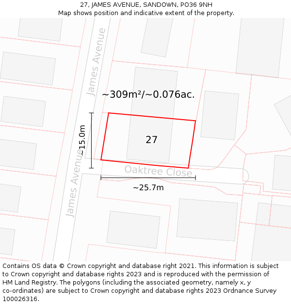 27, JAMES AVENUE, SANDOWN, PO36 9NH: Plot and title map