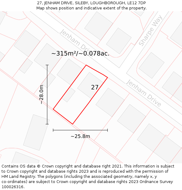 27, JENHAM DRIVE, SILEBY, LOUGHBOROUGH, LE12 7DP: Plot and title map