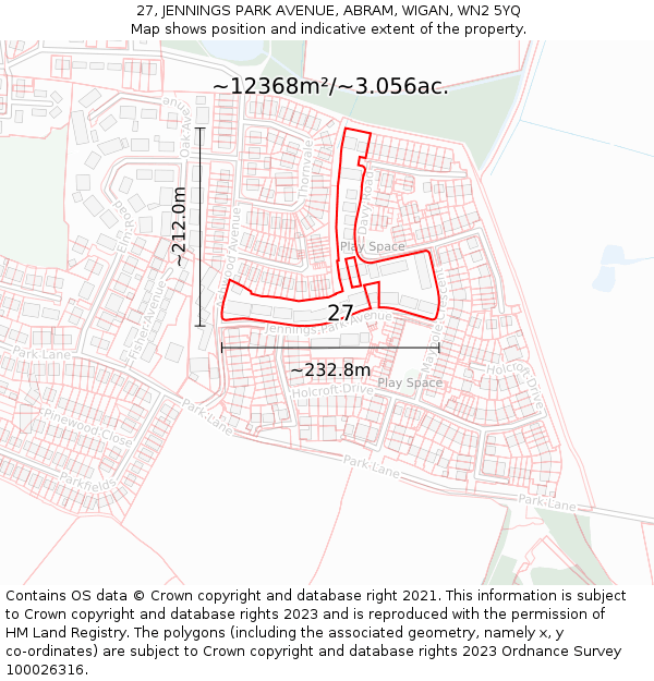 27, JENNINGS PARK AVENUE, ABRAM, WIGAN, WN2 5YQ: Plot and title map