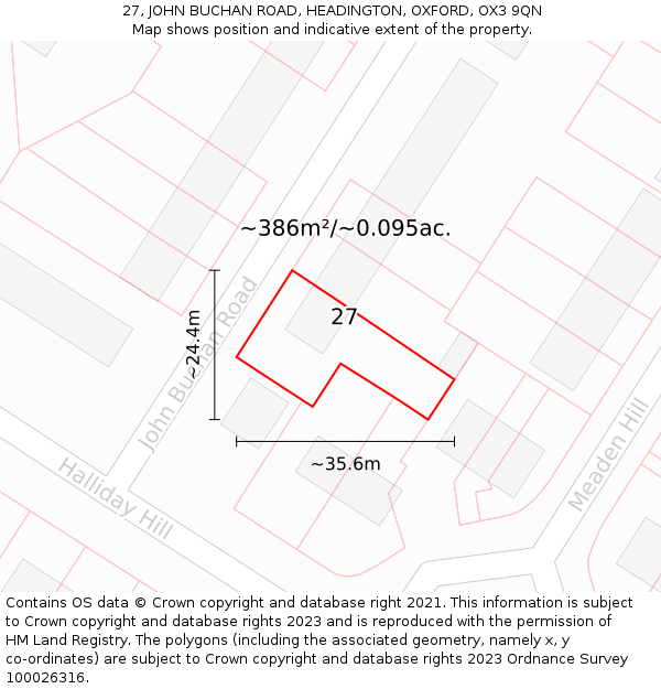 27, JOHN BUCHAN ROAD, HEADINGTON, OXFORD, OX3 9QN: Plot and title map