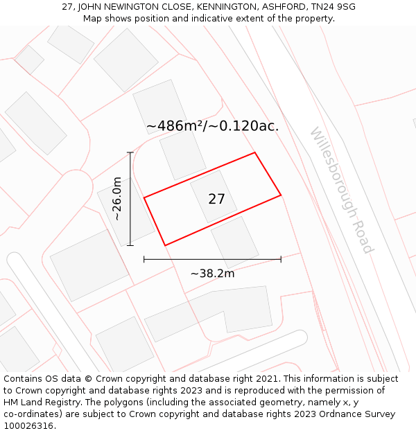 27, JOHN NEWINGTON CLOSE, KENNINGTON, ASHFORD, TN24 9SG: Plot and title map