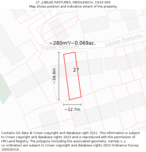 27, JUBILEE PASTURES, MIDDLEWICH, CW10 0AS: Plot and title map