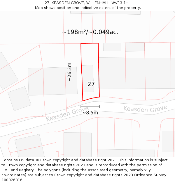 27, KEASDEN GROVE, WILLENHALL, WV13 1HL: Plot and title map