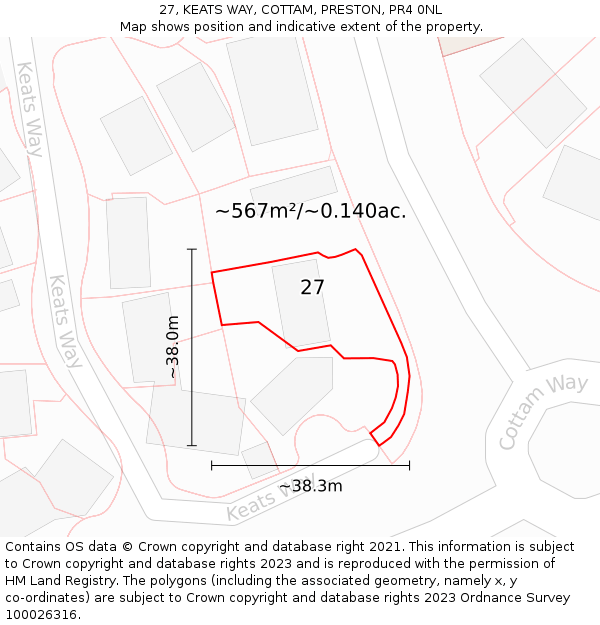 27, KEATS WAY, COTTAM, PRESTON, PR4 0NL: Plot and title map