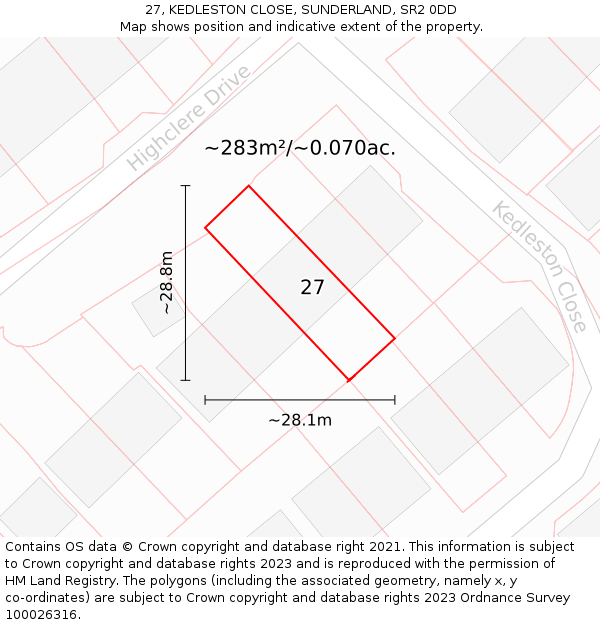 27, KEDLESTON CLOSE, SUNDERLAND, SR2 0DD: Plot and title map