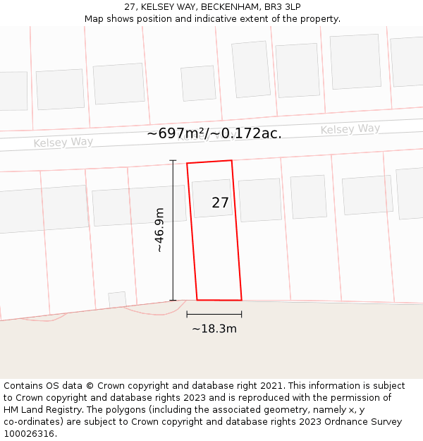 27, KELSEY WAY, BECKENHAM, BR3 3LP: Plot and title map