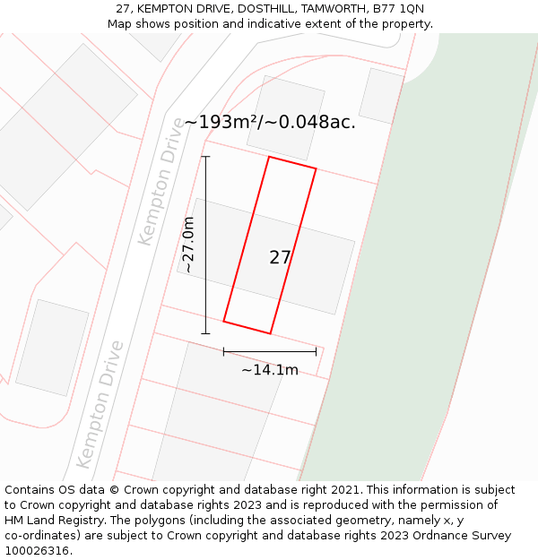 27, KEMPTON DRIVE, DOSTHILL, TAMWORTH, B77 1QN: Plot and title map