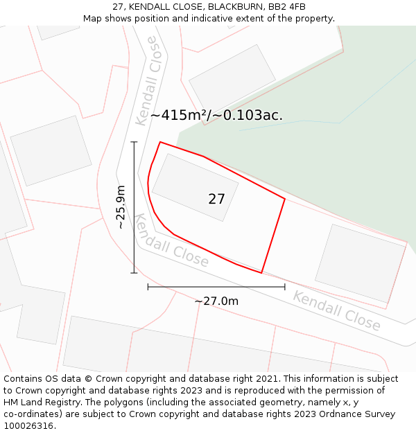 27, KENDALL CLOSE, BLACKBURN, BB2 4FB: Plot and title map