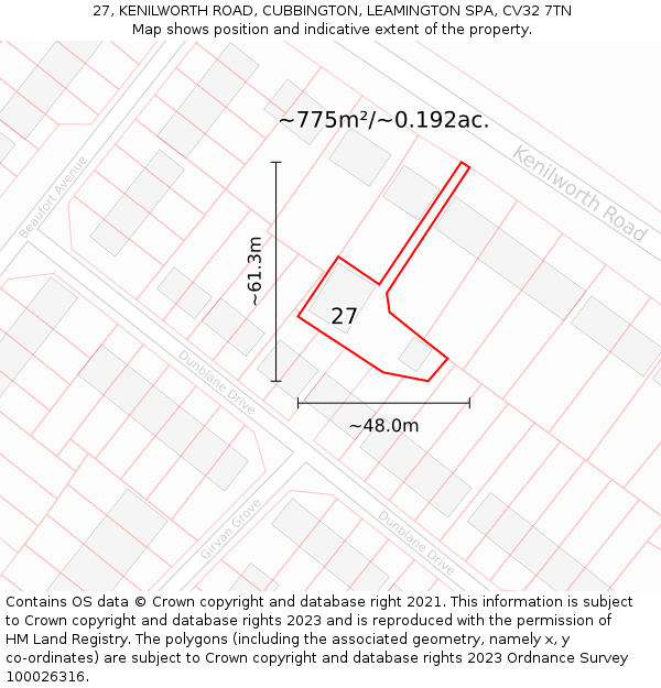 27, KENILWORTH ROAD, CUBBINGTON, LEAMINGTON SPA, CV32 7TN: Plot and title map