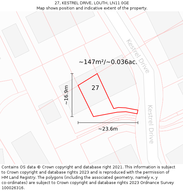 27, KESTREL DRIVE, LOUTH, LN11 0GE: Plot and title map