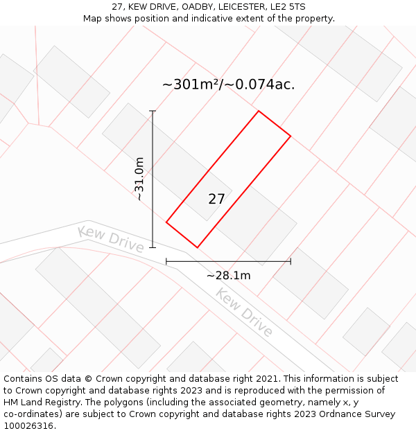27, KEW DRIVE, OADBY, LEICESTER, LE2 5TS: Plot and title map