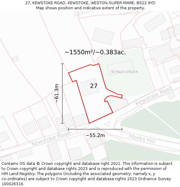 27, KEWSTOKE ROAD, KEWSTOKE, WESTON-SUPER-MARE, BS22 9YD: Plot and title map