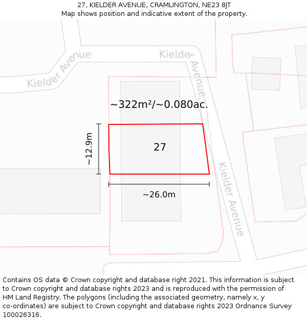 27, KIELDER AVENUE, CRAMLINGTON, NE23 8JT: Plot and title map