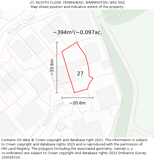 27, KILSYTH CLOSE, FEARNHEAD, WARRINGTON, WA2 0SQ: Plot and title map