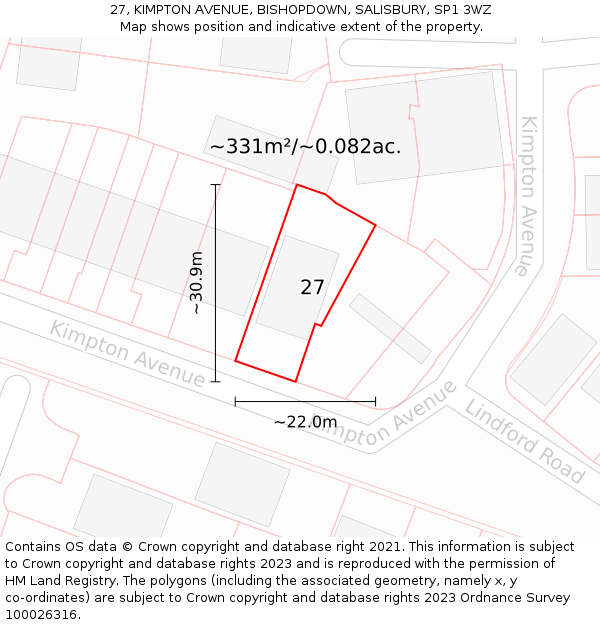 27, KIMPTON AVENUE, BISHOPDOWN, SALISBURY, SP1 3WZ: Plot and title map