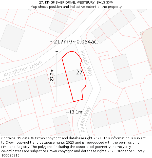 27, KINGFISHER DRIVE, WESTBURY, BA13 3XW: Plot and title map