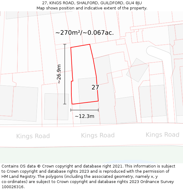 27, KINGS ROAD, SHALFORD, GUILDFORD, GU4 8JU: Plot and title map