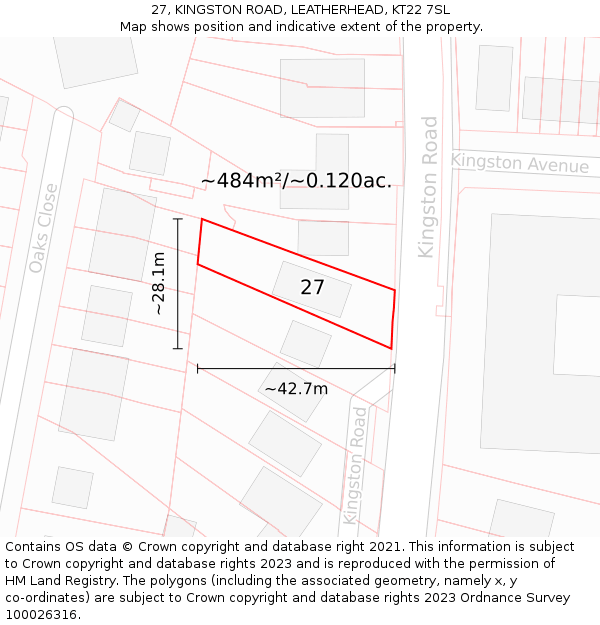 27, KINGSTON ROAD, LEATHERHEAD, KT22 7SL: Plot and title map