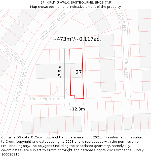 27, KIPLING WALK, EASTBOURNE, BN23 7NP: Plot and title map