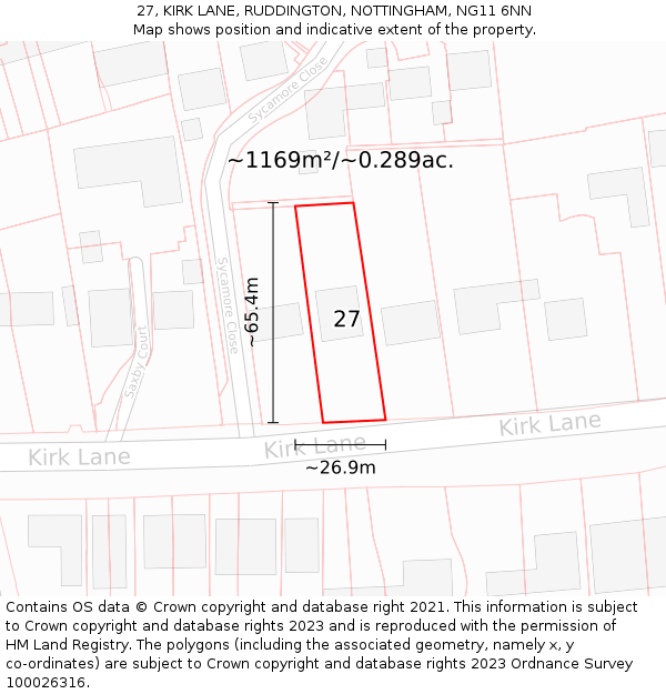 27, KIRK LANE, RUDDINGTON, NOTTINGHAM, NG11 6NN: Plot and title map